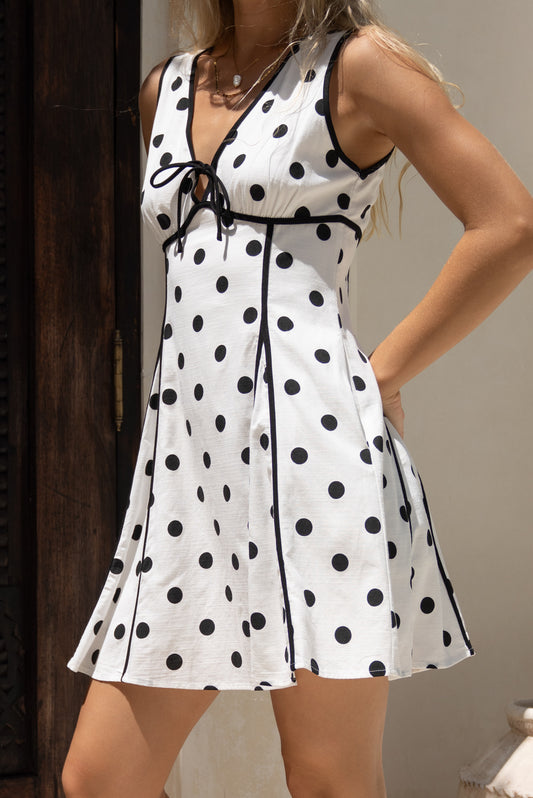 Noella White Black Polka Dot Contrast Mini Dress