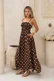 Zena Brown White Polka Dot Ruched Bodice Maxi Dress