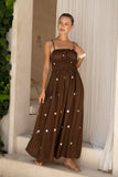 Zeni Brown White Polka Dot Ruched Bodice Maxi Dress