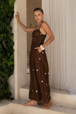 Zeni Brown White Polka Dot Ruched Bodice Maxi Dress