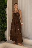 Zeni Brown White Polka Dot Ruched Bodice Maxi Dress