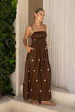 Zeni Brown White Polka Dot Ruched Bodice Maxi Dress