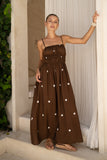 Zeni Brown White Polka Dot Ruched Bodice Maxi Dress