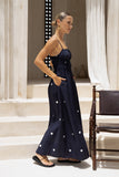 Lina Navy Blue White Polka Dot Ruched Bodice Maxi Dress