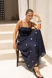 Lina Navy Blue White Polka Dot Ruched Bodice Maxi Dress