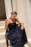 Lina Navy Blue White Polka Dot Ruched Bodice Maxi Dress