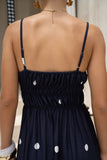Lina Navy Blue White Polka Dot Ruched Bodice Maxi Dress