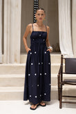 Lina Navy Blue White Polka Dot Ruched Bodice Maxi Dress