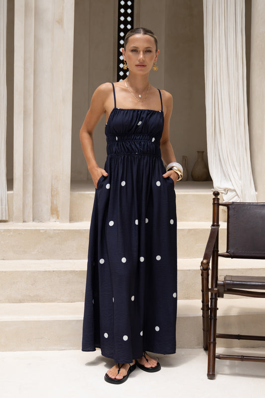 Lina Navy Blue White Polka Dot Ruched Bodice Maxi Dress