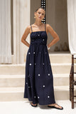 Lina Navy Blue White Polka Dot Ruched Bodice Maxi Dress
