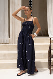 Lina Navy Blue White Polka Dot Ruched Bodice Maxi Dress