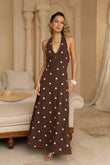 Zaniyah Brown White Polka Dot Halter Neck Maxi Dress