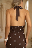 Zaniyah Brown White Polka Dot Halter Neck Maxi Dress