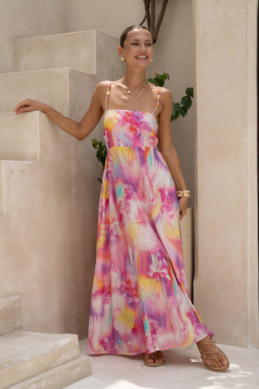 Cirella Multicolour Abstract Beaded Flared Maxi Dress