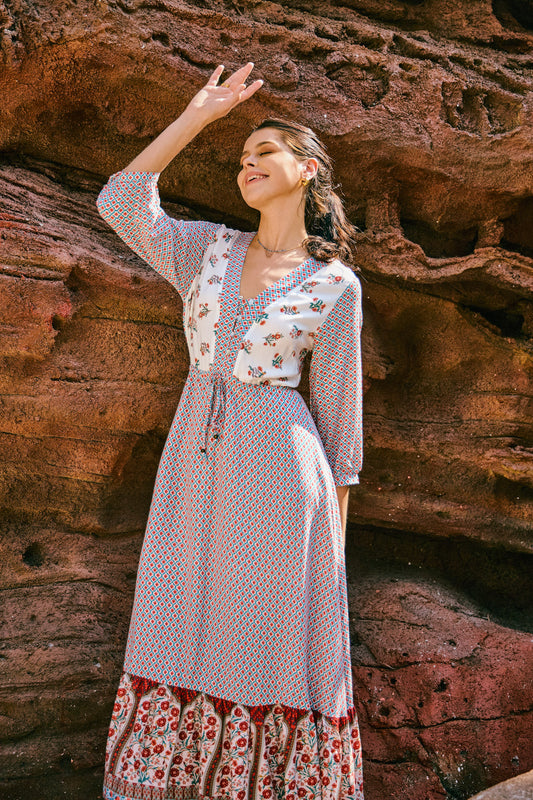 Petunia Red Floral Boho Midi Dress