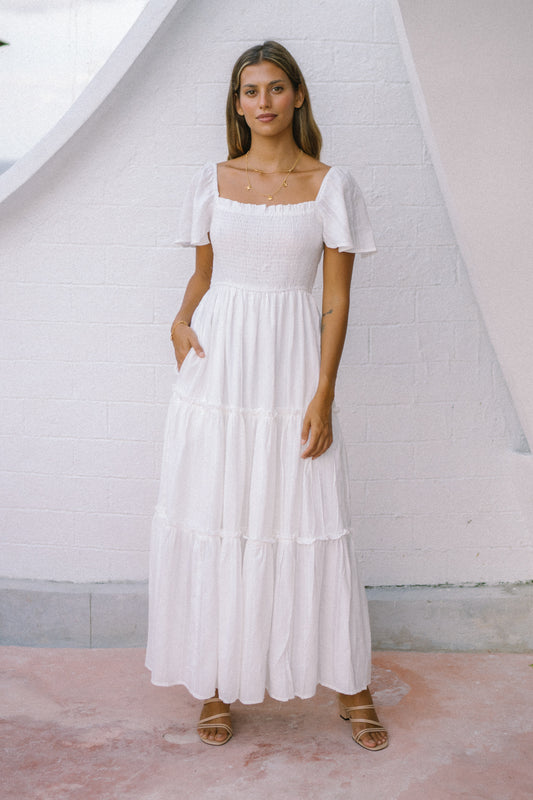 Eleyna 白色条纹分层超长连衣裙