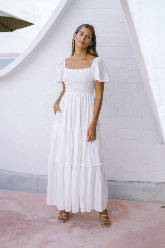 Eleyna White Stripe Tiered Maxi Dress