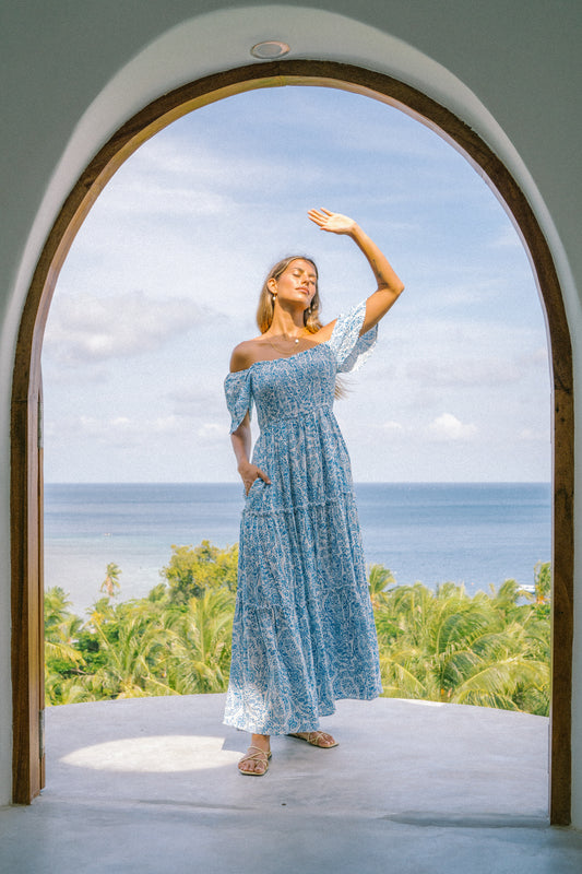 Skyra Blue Boho Tiered Maxi Dress