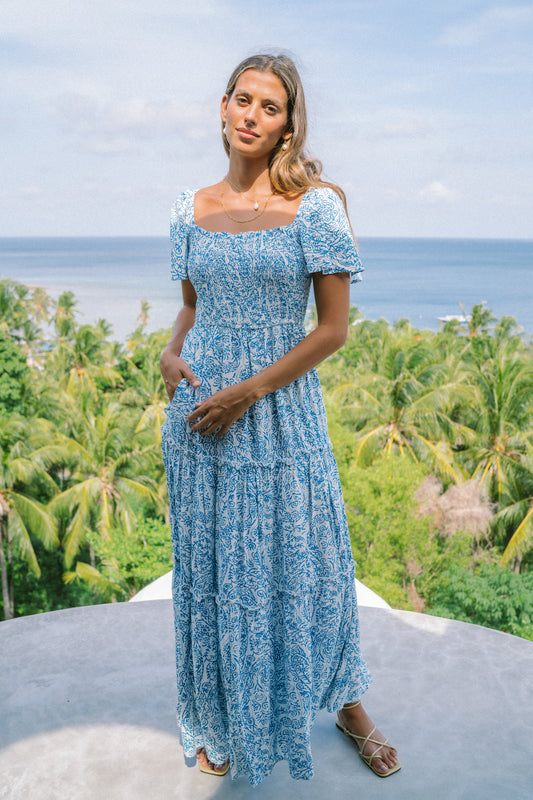 Skyra Blue Boho Tiered Maxi Dress