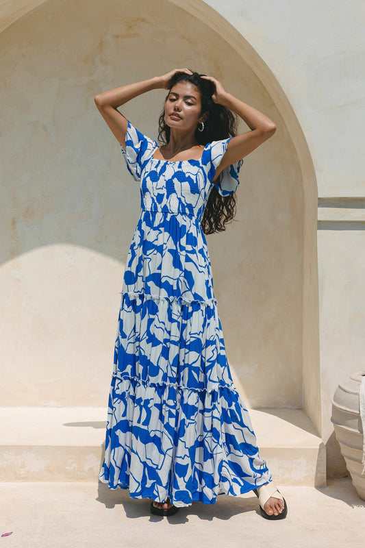 Calypso 蓝色抽象分层超长连衣裙