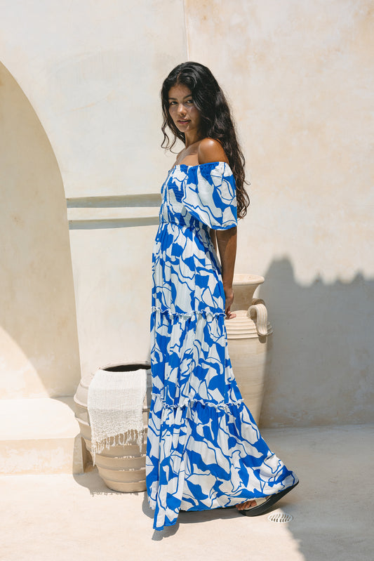 Calypso Blue Abstract Tiered Maxi Dress