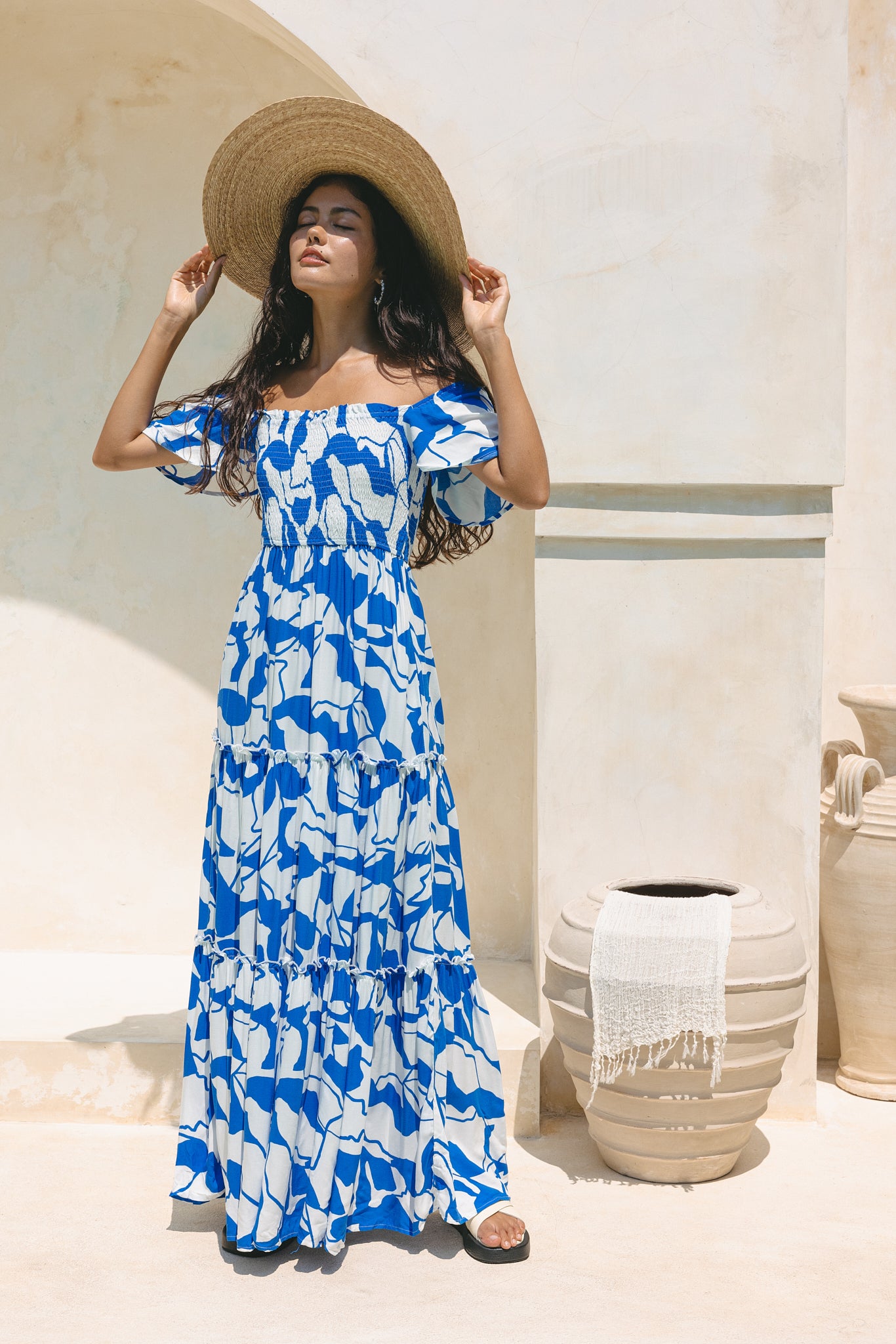 Calypso蓝色抽象分层长裙