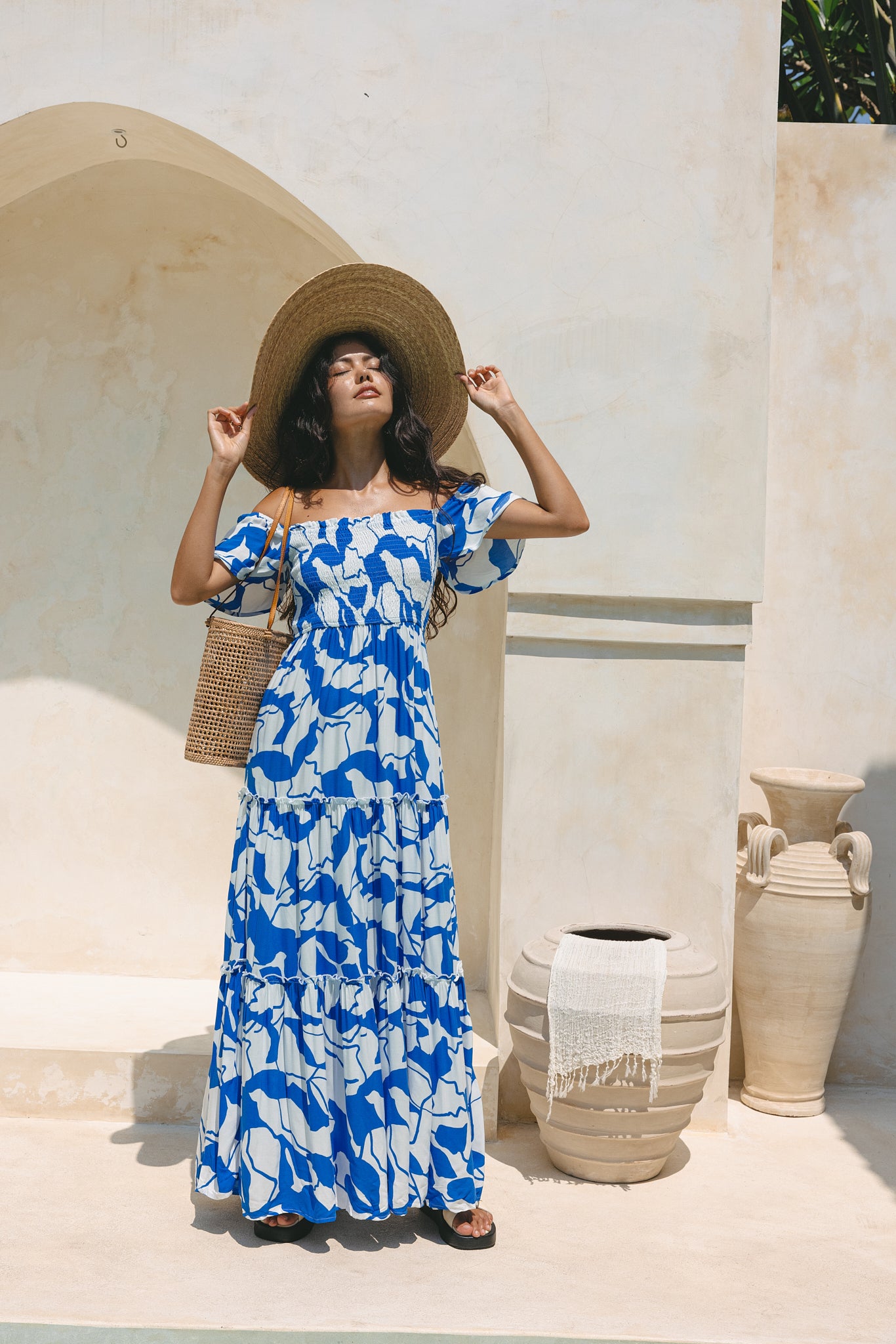 Calypso Blue Abstract Tiered Maxi Dress