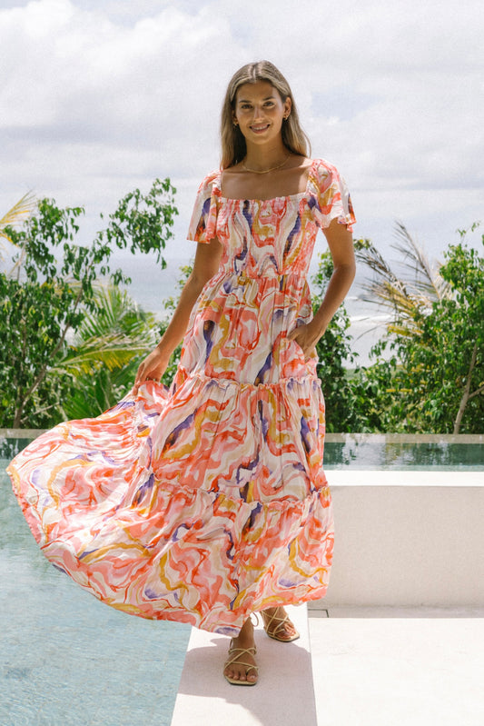Mariella 粉色抽象分层超长连衣裙