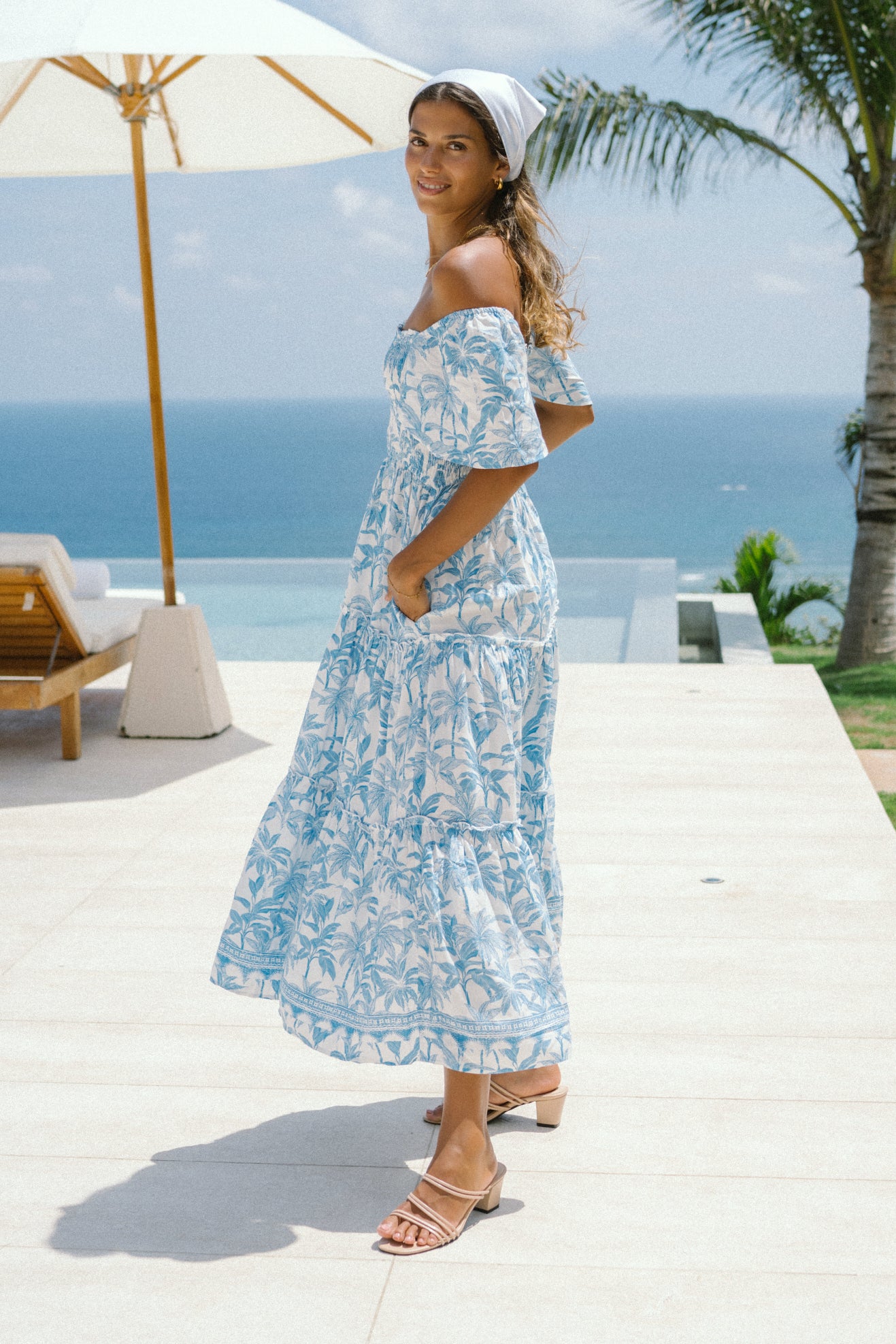 Malia Blue Tropical Tiered Midi Dress