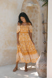 Marigold Yellow Orange Boho Tiered Midi Dress