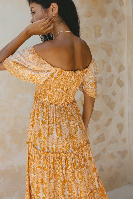 万寿菊黄橙色波西米亚分层中长连衣裙