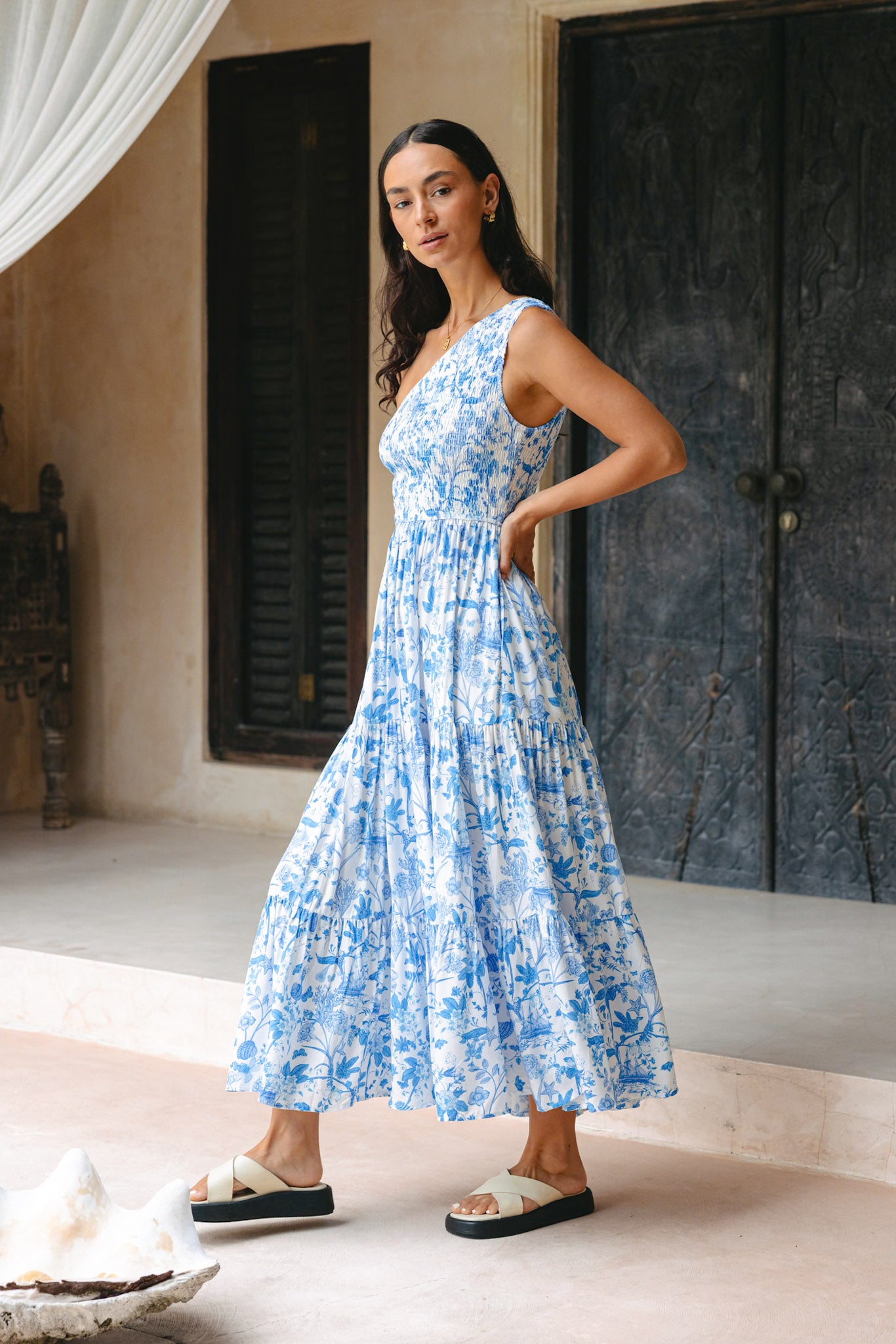 Oceanna Blue Floral One Shoulder Midi Dress