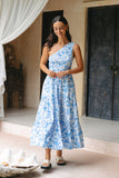 Oceanna Blue Floral One Shoulder Midi Dress
