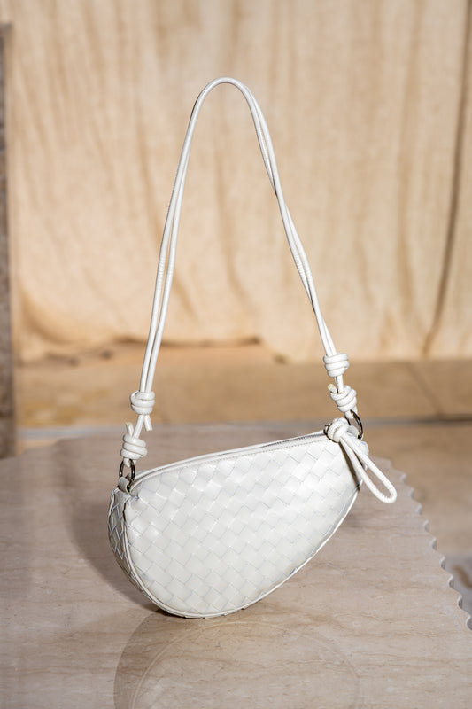 Eira Ivory Woven Crescent Genuine Lambskin Leather Shoulder Bag