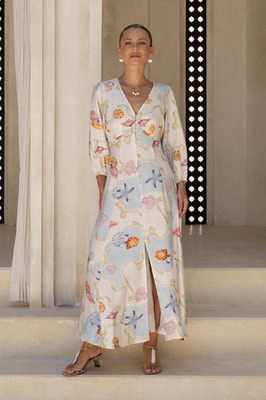 Neri Shells Multicolour Abstract Button Maxi Dress