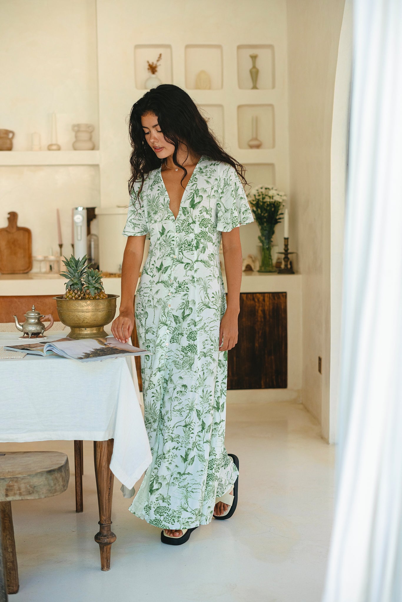 Avani Green Tropical Floral Button Down Maxi Dress