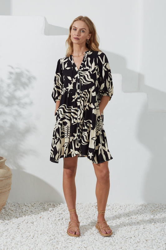 Cali Black Abstract Button Down Mini Dress