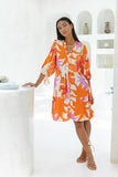 Calinda Orange Abstract Button Down Mini Dress