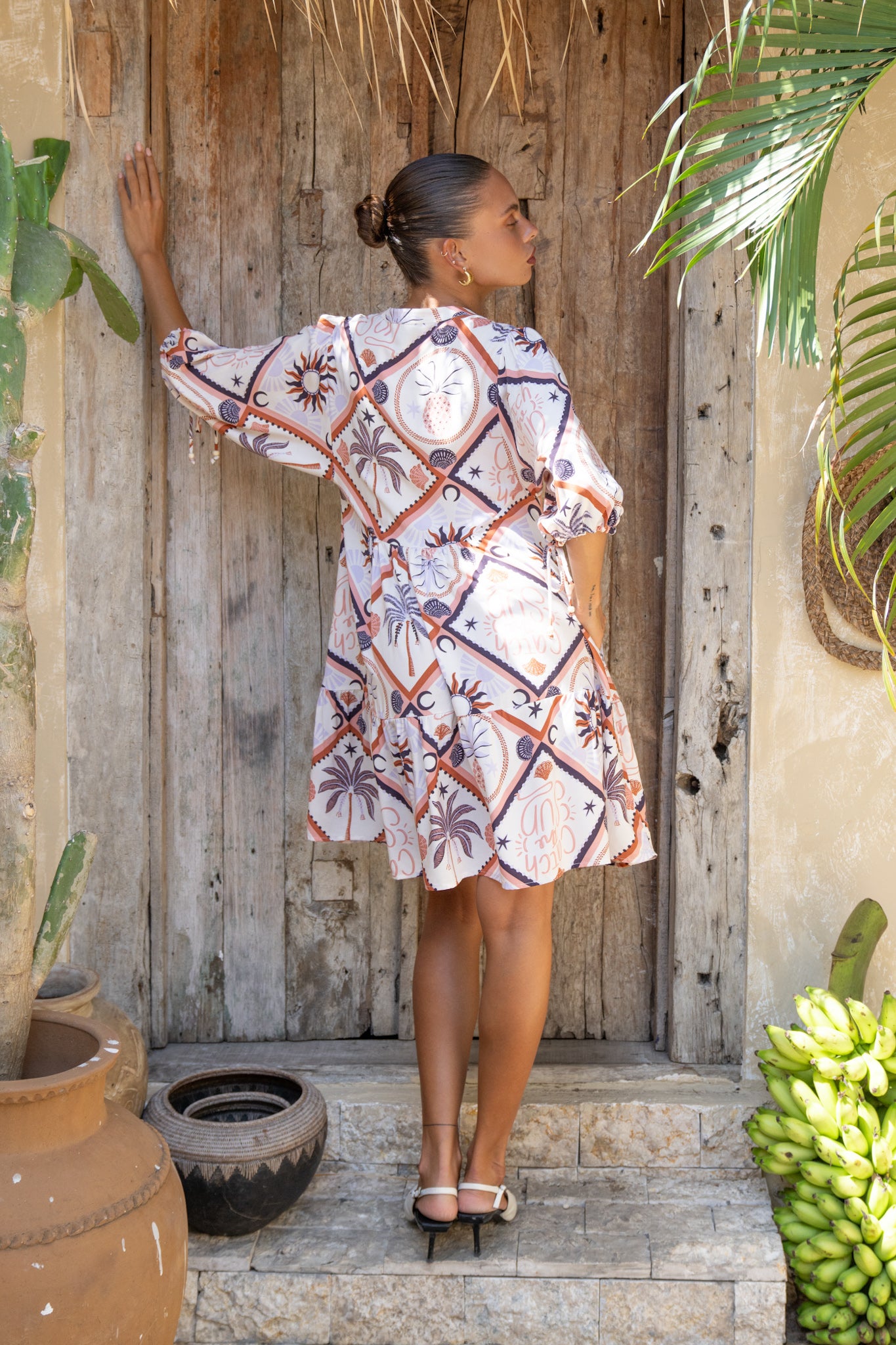 Kalani Brown Abstract Tile Button Down Mini Dress Kalani Brown Abstract Tile Button Down Mini Dress