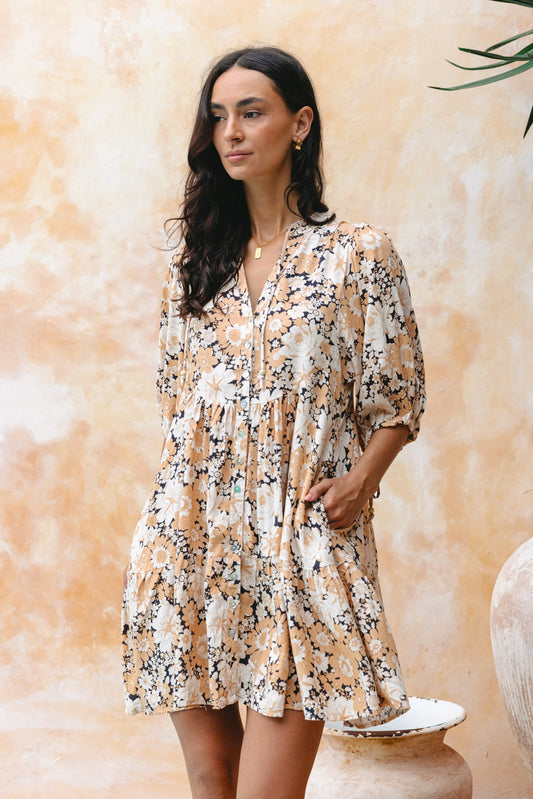 Aurelia Orange Floral Button Down Mini Dress