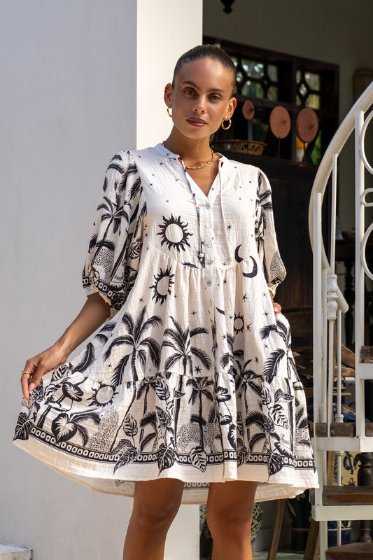 Savani Beige Black Tropical Button Down Mini Dress