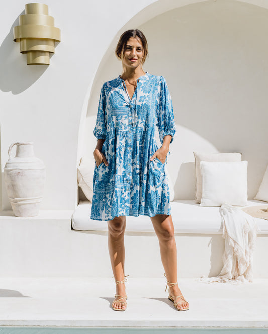 Tatiana Blue Floral Boho Button Down Mini Dress