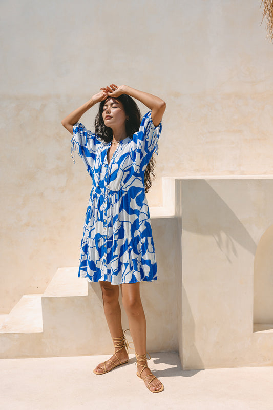 Calypso Blue Abstract Button Down Mini Dress