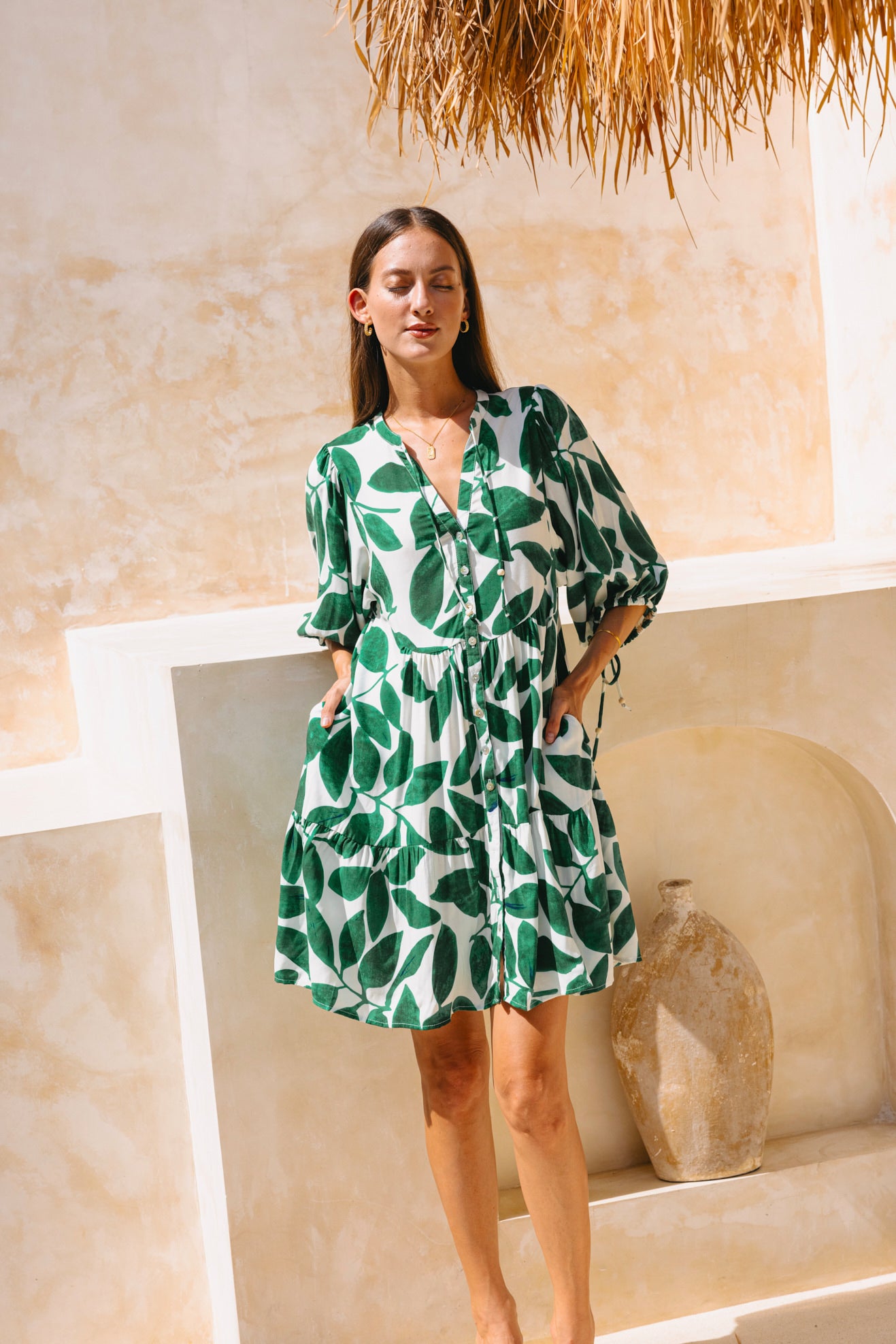 Ivy Green Tropical Button Down Mini Dress