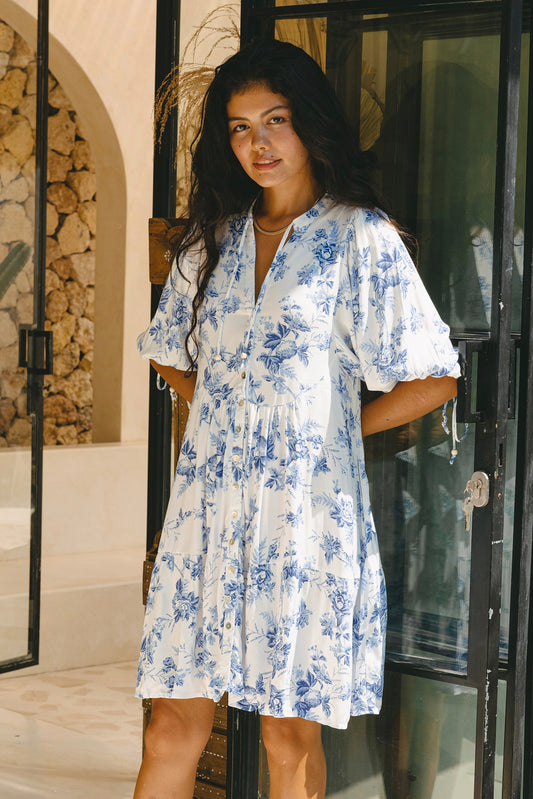 Rosette Blue Floral Button Down Mini Dress