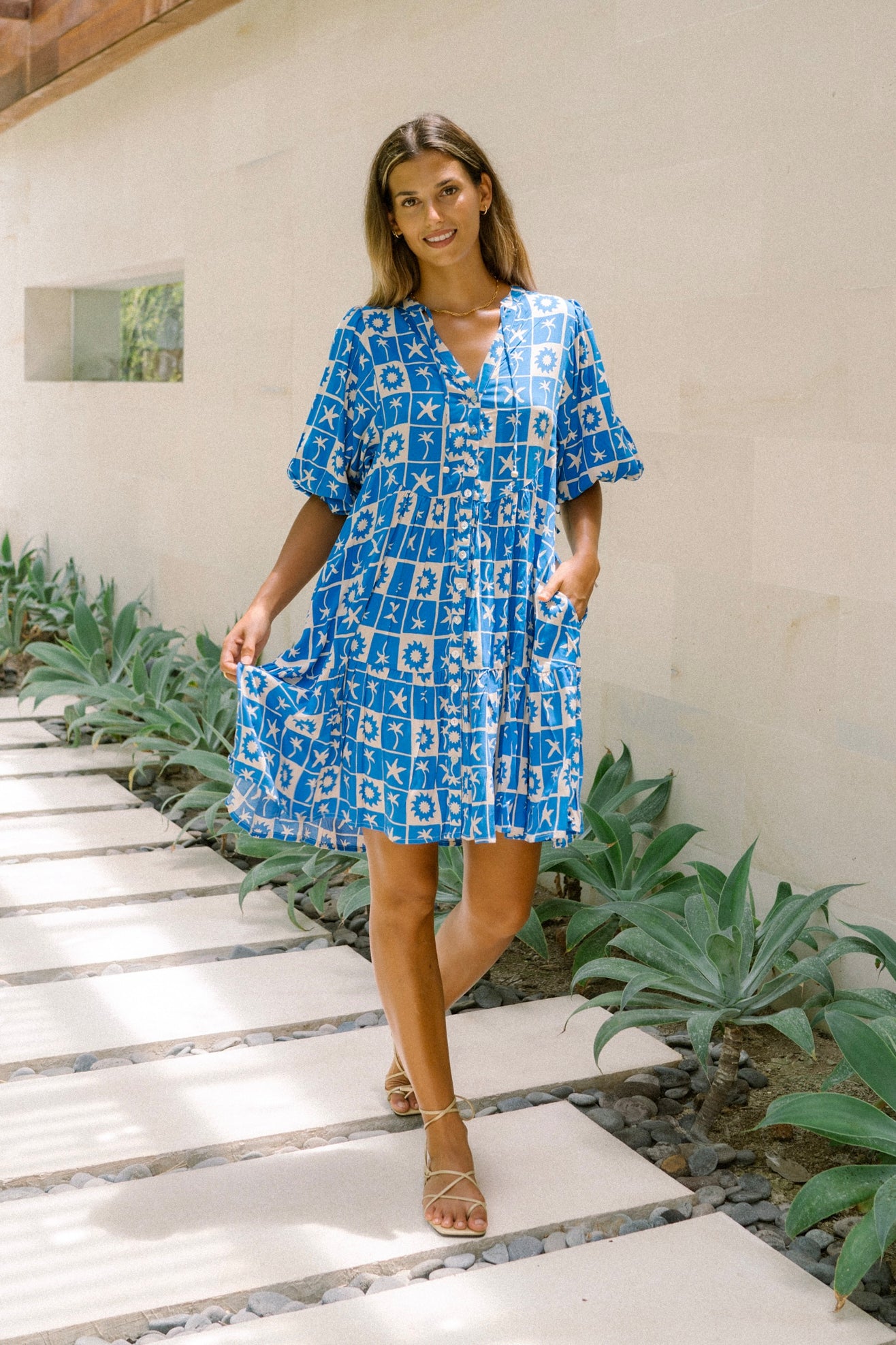 Oliana Blue Tropical Tile Button Down Mini Dress