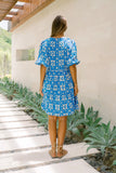 Oliana Blue Tropical Tile Button Down Mini Dress