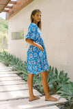 Oliana Blue Tropical Tile Button Down Mini Dress