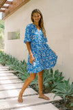 Oliana Blue Tropical Tile Button Down Mini Dress