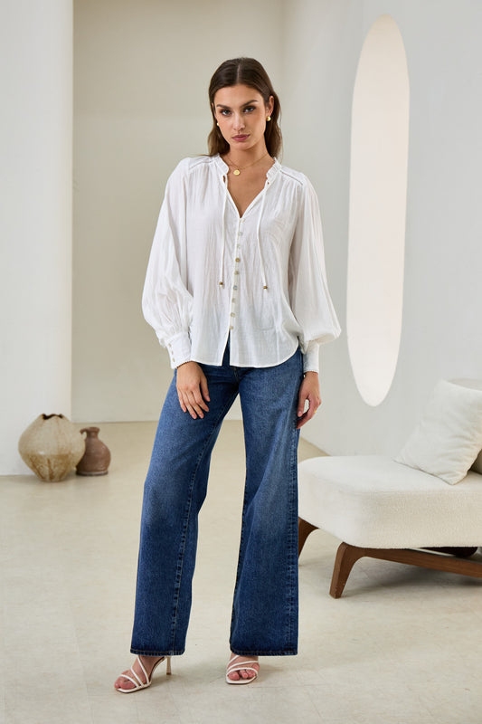 Carissa White Balloon Sleeve Blouse